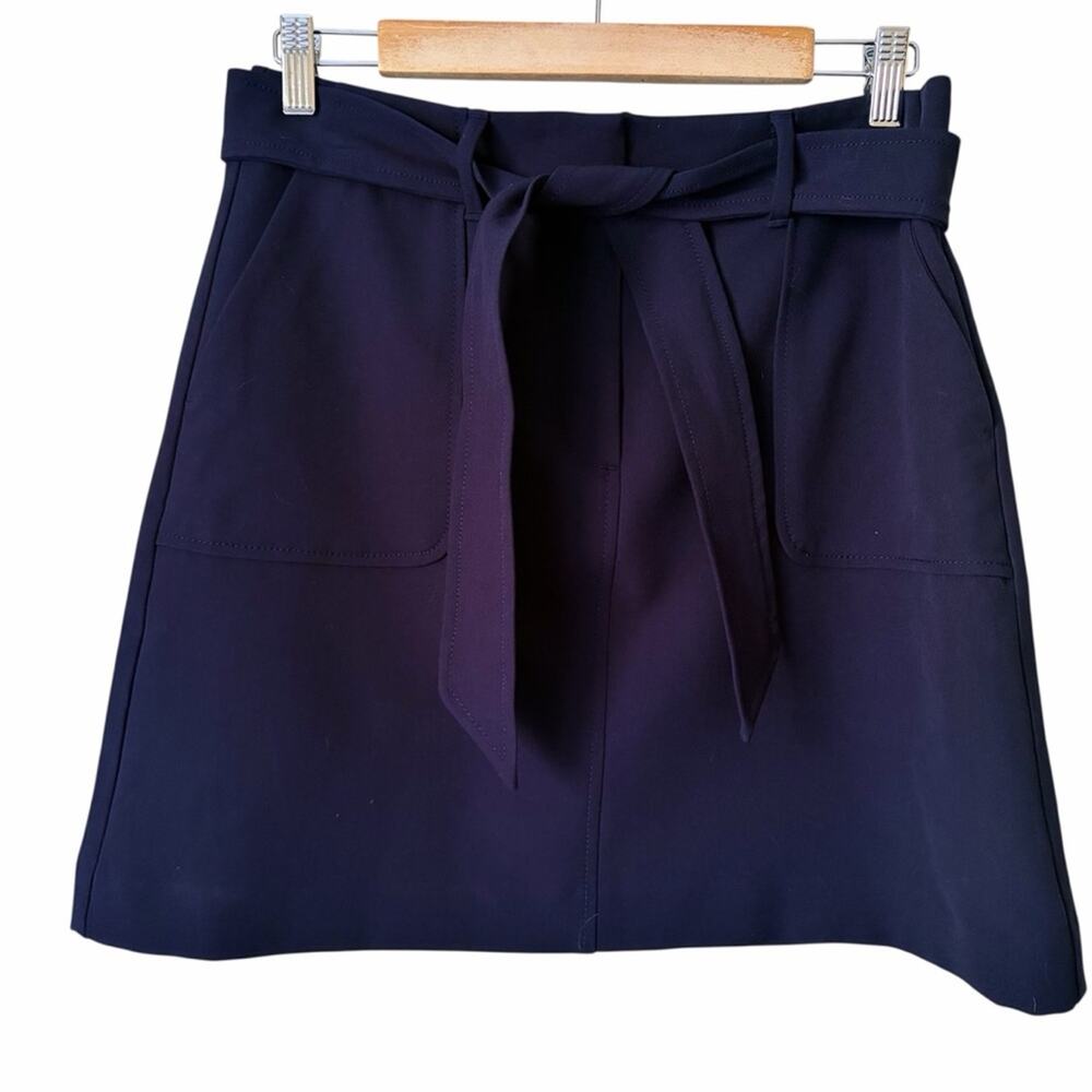 LOFT | Belted Tie Waist Pocket Shift Skirt A-line Navy Blue 6P Petite NWT - Picture 2 of 7